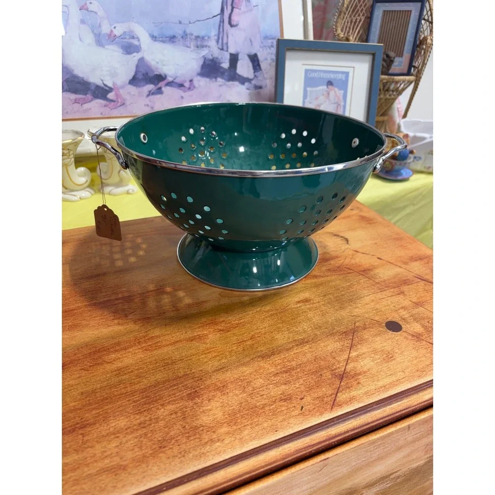 Hunter Green Enamel Colander Footed Metal Strainer with Chrome Handles 10 Inch